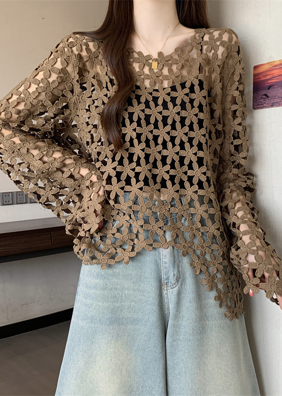 Coffee Floral Lace UPF 50+ Tops Hollow Out Fall