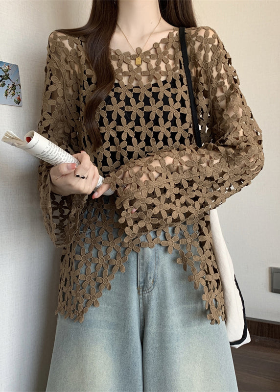 Coffee Floral Lace UPF 50+ Tops Hollow Out Fall