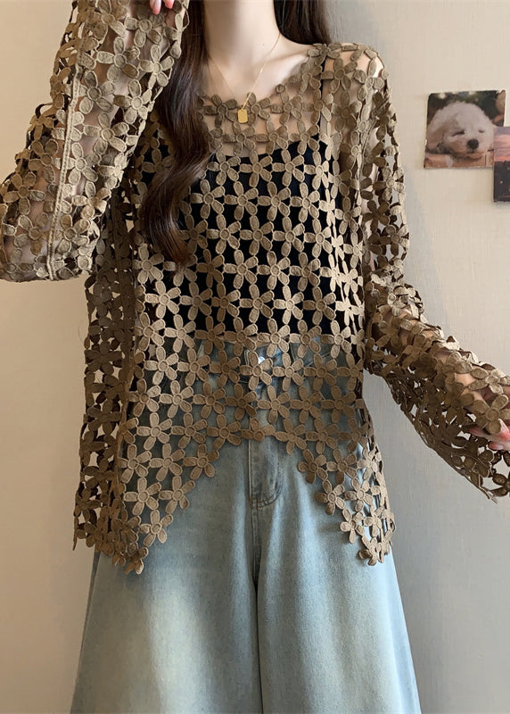 Coffee Floral Lace UPF 50+ Tops Hollow Out Fall