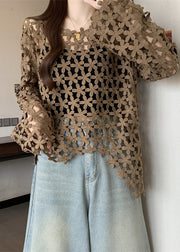 Coffee Floral Lace UPF 50+ Tops Hollow Out Fall