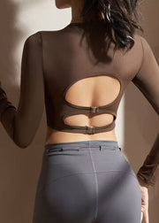 Coffee Hollow Out Backless Solid Crop Top