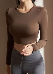 Coffee Hollow Out Backless Solid Crop Top