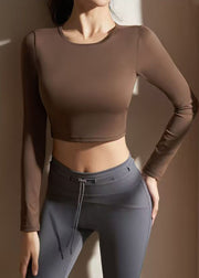 Coffee Hollow Out Backless Solid Crop Top