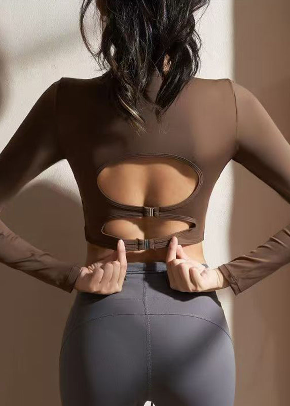 Coffee Hollow Out Backless Solid Crop Top