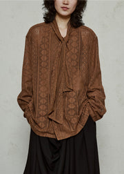 Coffee Hollow Out Knit Top Flare Sleeve