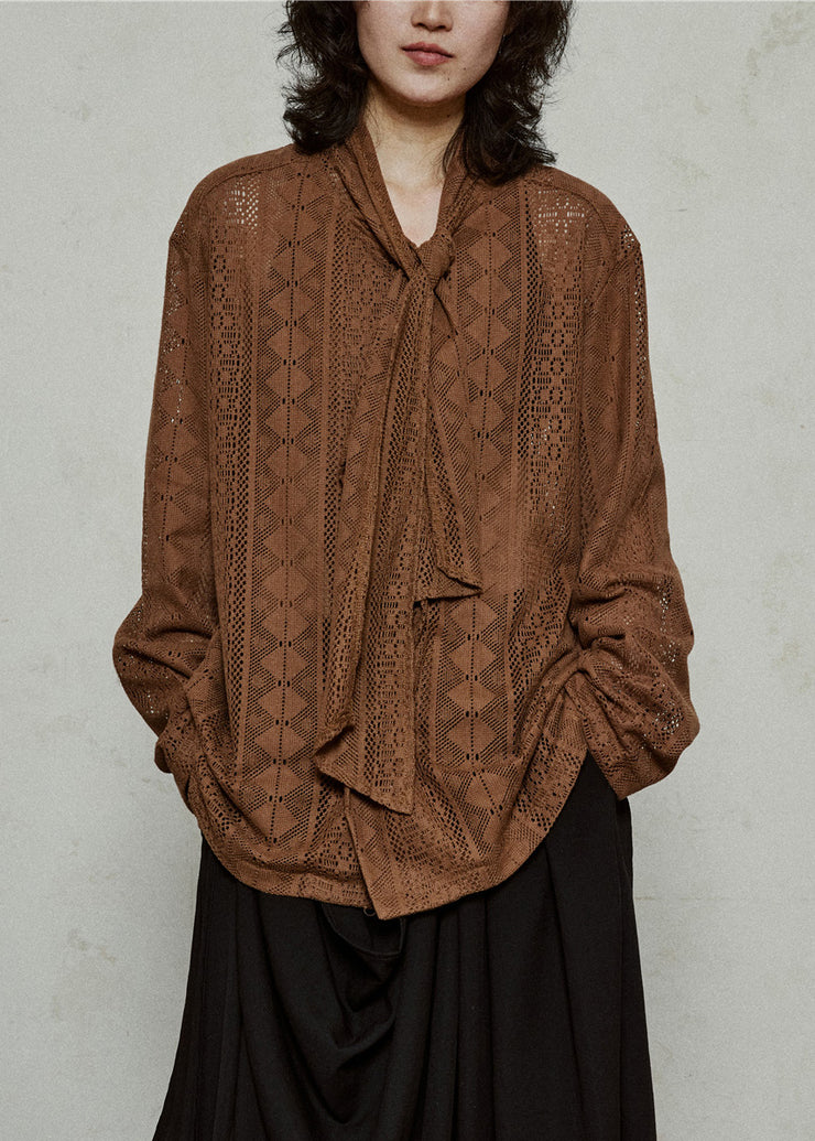 Coffee Hollow Out Knit Top Flare Sleeve