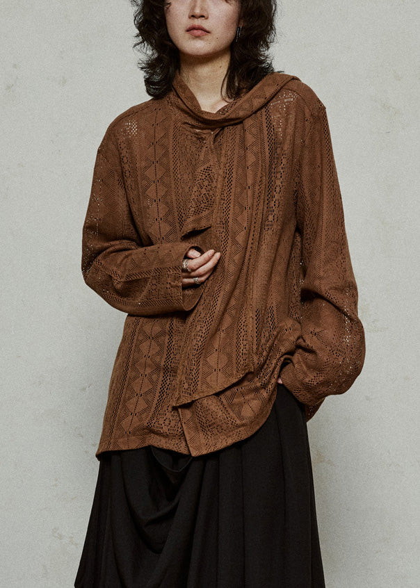 Coffee Hollow Out Knit Top Flare Sleeve