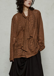 Coffee Hollow Out Knit Top Flare Sleeve