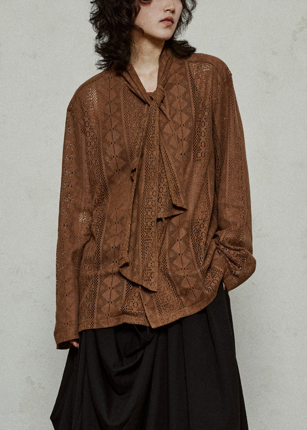 Coffee Hollow Out Knit Top Flare Sleeve