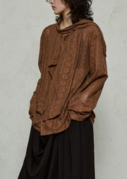 Coffee Hollow Out Knit Top Flare Sleeve