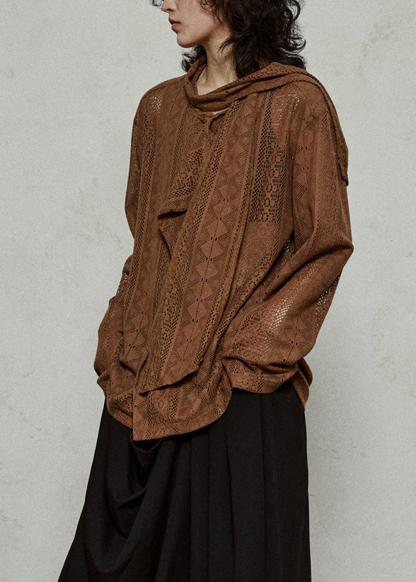 Coffee Hollow Out Knit Top Flare Sleeve