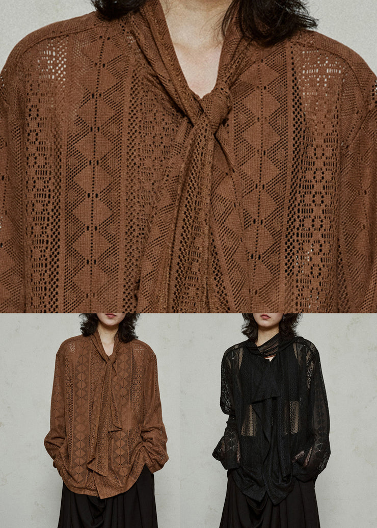 Coffee Hollow Out Knit Top Flare Sleeve