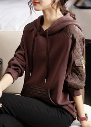 Coffee Lace Up Patchwork Thick Sweatshirt Hooded Long Sleeve