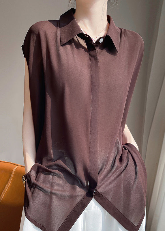Coffee Lace Up Solid Chiffon Blouses Peter Pan Collar