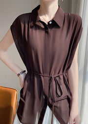 Coffee Lace Up Solid Chiffon Blouses Peter Pan Collar