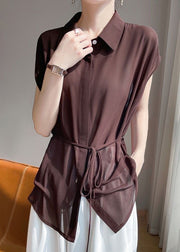 Coffee Lace Up Solid Chiffon Blouses Peter Pan Collar