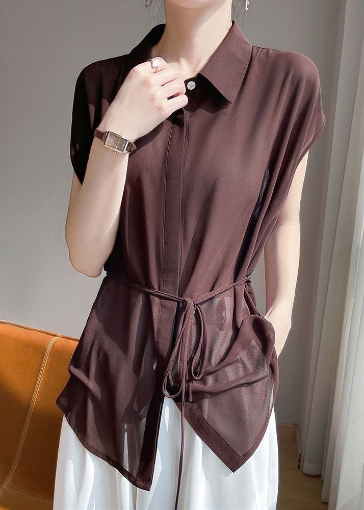 Coffee Lace Up Solid Chiffon Blouses Peter Pan Collar