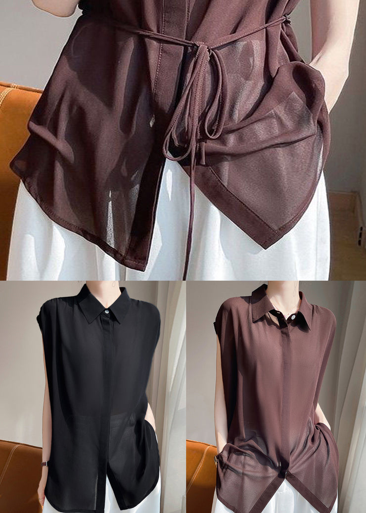 Coffee Lace Up Solid Chiffon Blouses Peter Pan Collar
