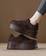 Coffee Lace Up Suede Zircon Splicing Flat Feet Shoes