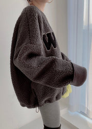 Coffee Letter Drawstring Teddy Winter Sweatshirts O Neck