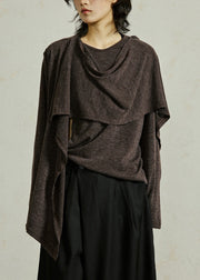 Coffee O-Neck Cozy Solid Cotton Top Fall