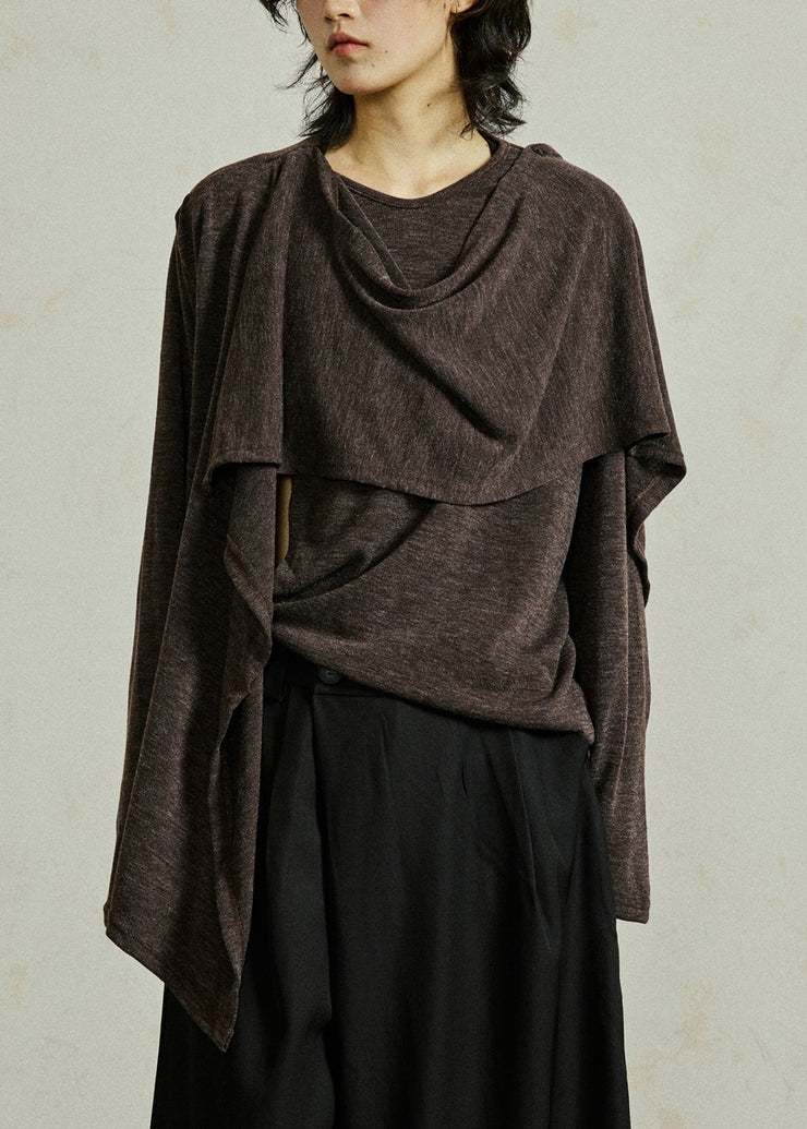 Coffee O-Neck Cozy Solid Cotton Top Fall