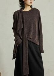 Coffee O-Neck Cozy Solid Cotton Top Fall