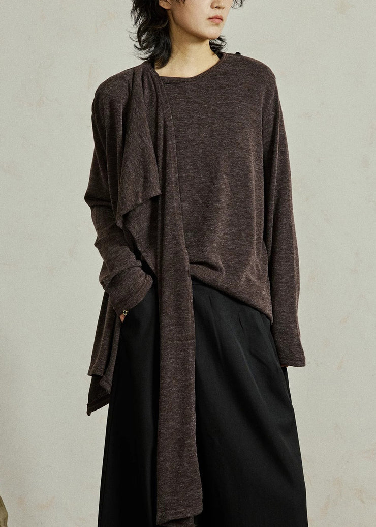 Coffee O-Neck Cozy Solid Cotton Top Fall