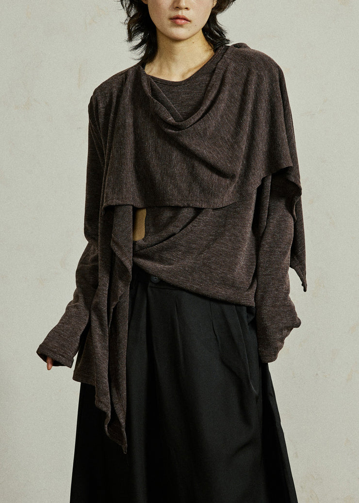 Coffee O-Neck Cozy Solid Cotton Top Fall