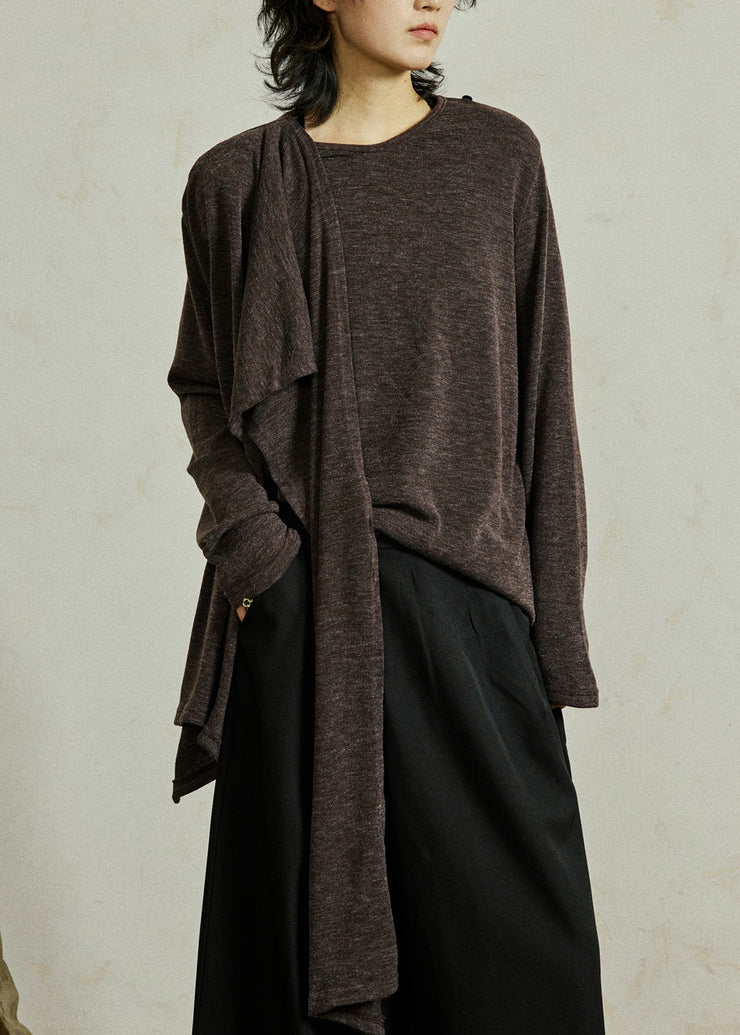 Coffee O-Neck Cozy Solid Cotton Top Fall