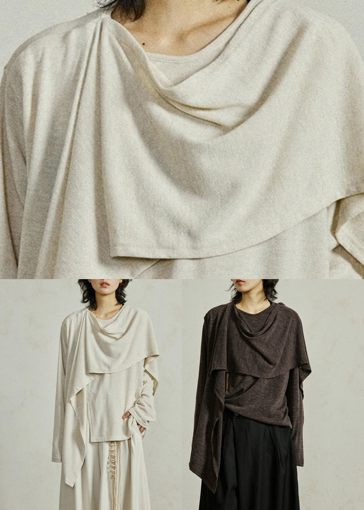 Coffee O-Neck Cozy Solid Cotton Top Fall