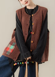 Coffee O-Neck Pockets Thick Cotton Knit Sweaters Sleeveless