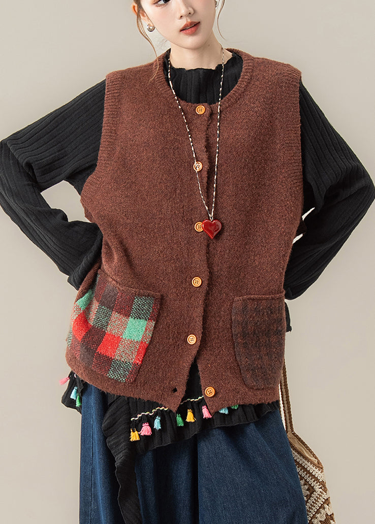 Coffee O-Neck Pockets Thick Cotton Knit Sweaters Sleeveless