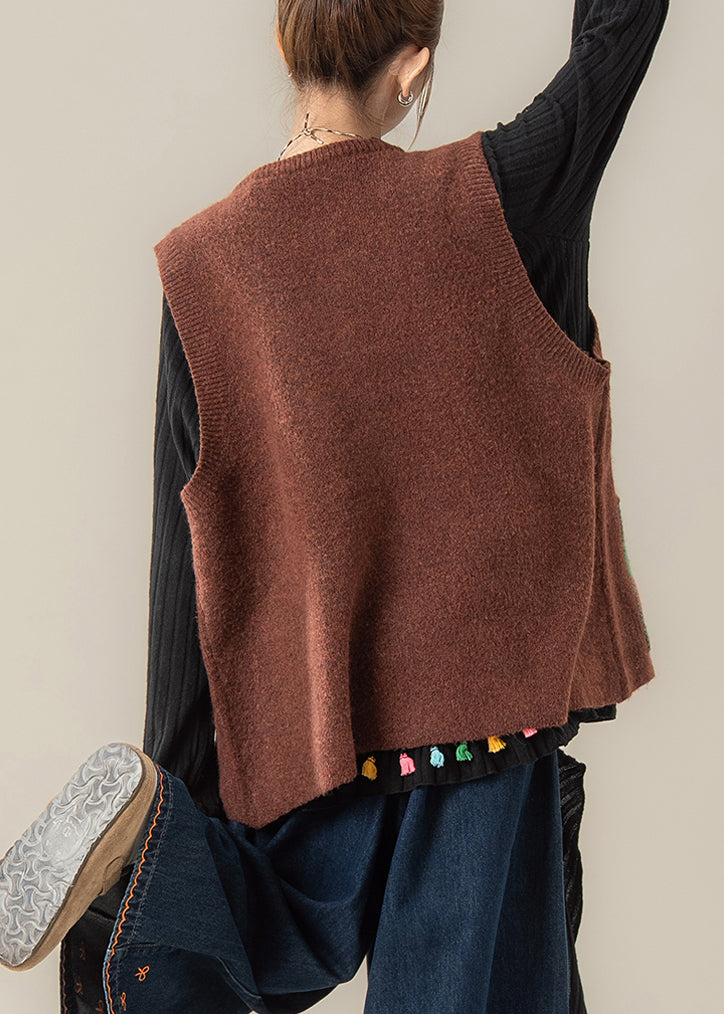 Coffee O-Neck Pockets Thick Cotton Knit Sweaters Sleeveless