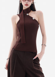 Coffee Original Design Solid Knit Tank Sleeveless Cold Shoulder