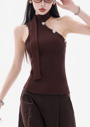 Coffee Original Design Solid Knit Tank Sleeveless Cold Shoulder