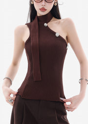Coffee Original Design Solid Knit Tank Sleeveless Cold Shoulder