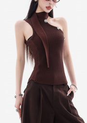 Coffee Original Design Solid Knit Tank Sleeveless Cold Shoulder