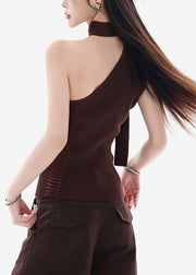 Coffee Original Design Solid Knit Tank Sleeveless Cold Shoulder