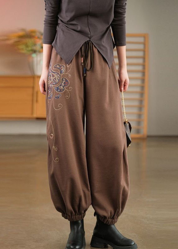 Chocolate Oversized Warm Fleece Pants Embroideried Elastic Waist Winter