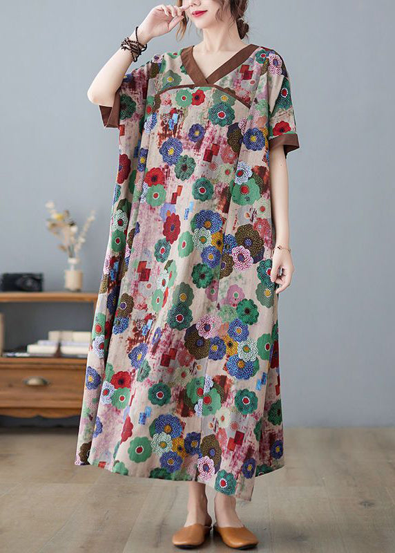 Coffee Patchwork Cotton Robe Dresses Oversized Print Summer – SooLinen