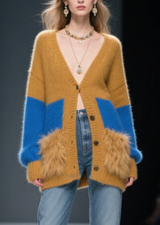 Coffee Patchwork Faux Fur Knit Cardigans Oversized Winter