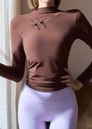 Coffee Patchwork Hollow Out Button Yoga Shirts