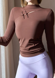 Coffee Patchwork Hollow Out Button Yoga Shirts
