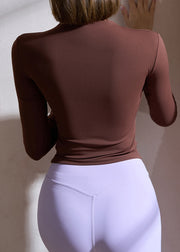 Coffee Patchwork Hollow Out Button Yoga Shirts