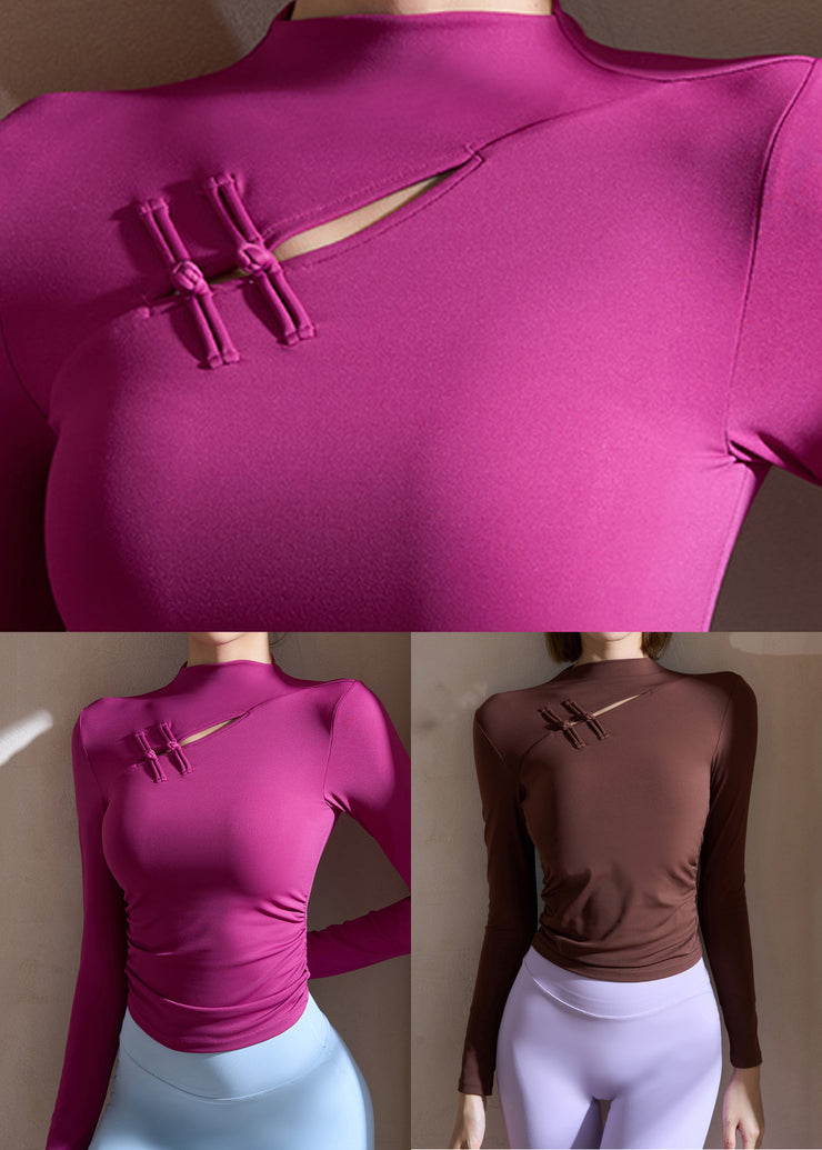 Coffee Patchwork Hollow Out Button Yoga Shirts