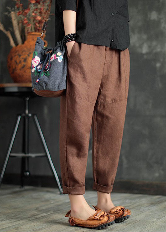 Chocolate Patchwork Linen Crop Pants Elastic Waist Solid Color Summer