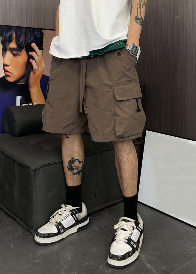 Coffee Pockets Cotton Mens Shorts Elastic Waist Summer
