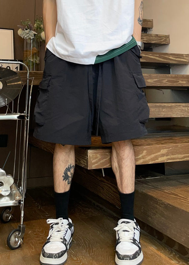 Coffee Pockets Cotton Mens Shorts Elastic Waist Summer