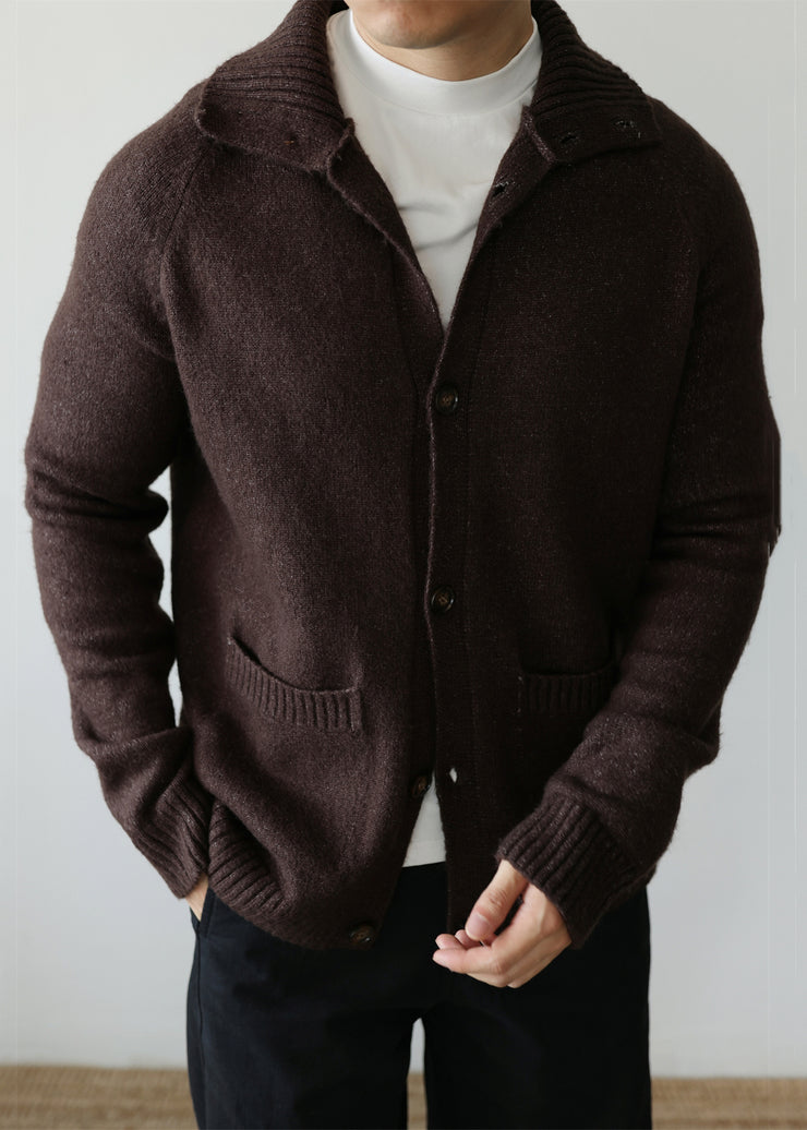 Coffee Pockets Cozy Cotton Knit Mens Cardigan Peter Pan Collar